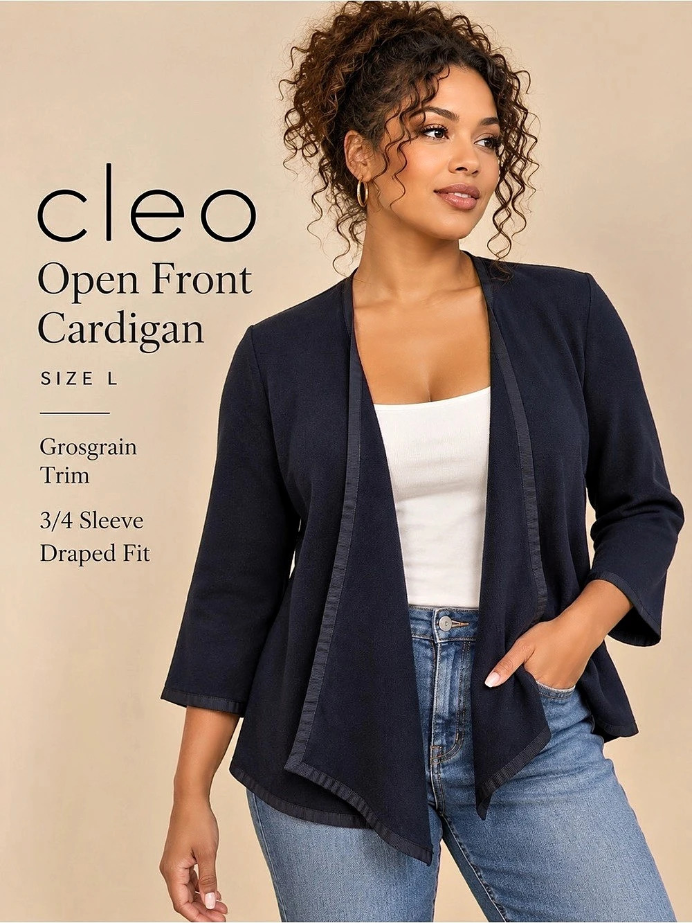 Cleo Navy Blue Grosgrain Trim Open Front Draped Cardigan Size L